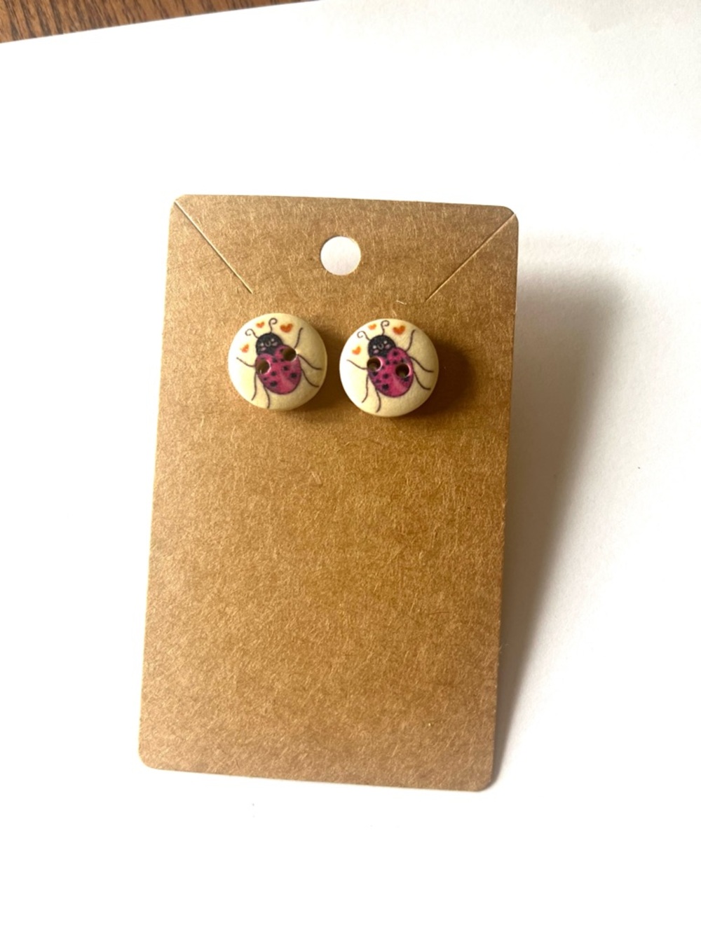 2/$15- Pink Ladybug Button Earrings Handmade